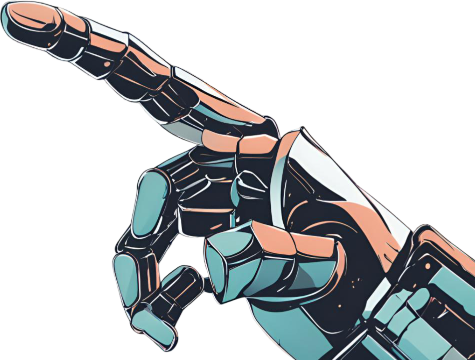 robo hand with index finger pointing at hero text